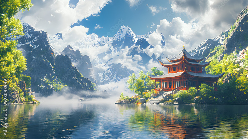 Fototapeta premium Temple by the Lake: A Serene Reflection of Ancient Architecture Amidst Majestic Mountains