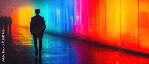 Silhouette of a person in neon light vibrant colors and mysterious shadows create an enigmatic urban scene photo