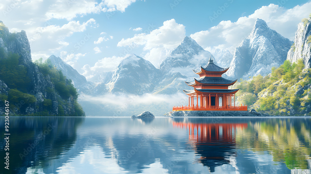 Obraz premium Temple by the Lake: A Serene Reflection of Ancient Architecture Amidst Majestic Mountains