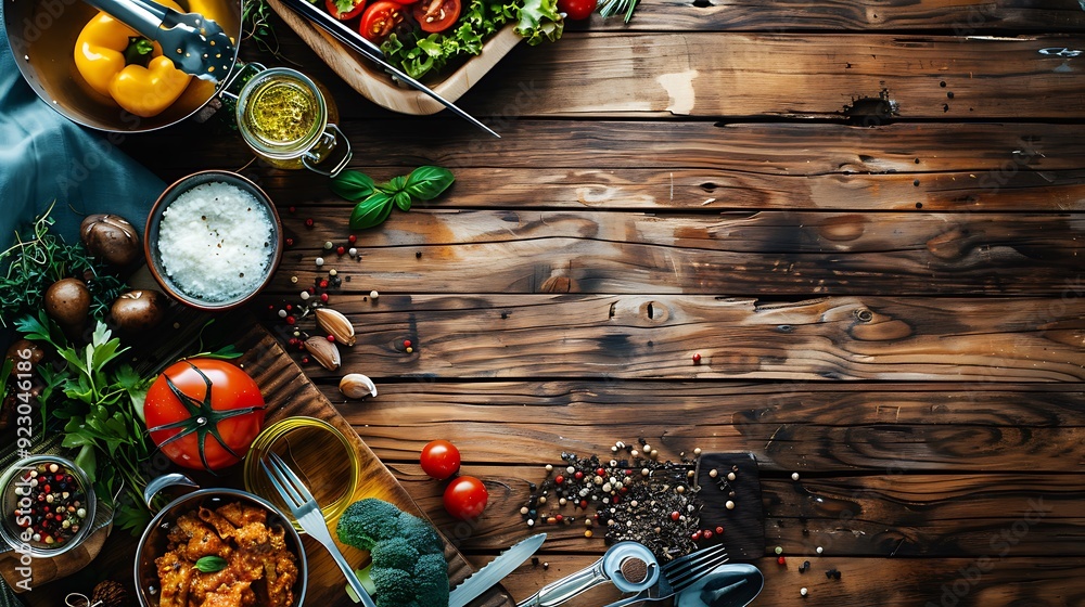 Cuisine served on a wooden table top view developing space