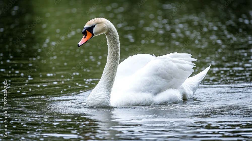 Fototapeta premium A graceful white swan glides smoothly across the calm lake water.