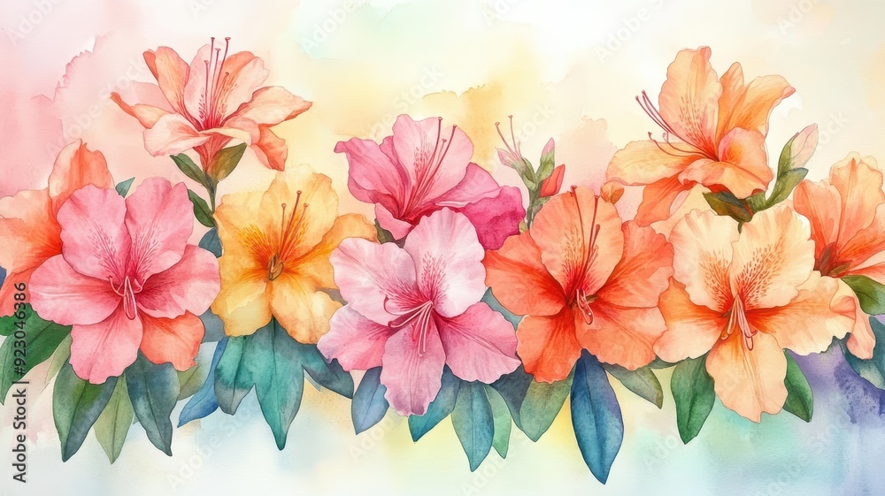 Obraz premium Enchanting Azalea Border in Watercolor Style - Radiant Garden Charm with Vibrant Colors for a Serene Landscape Overture