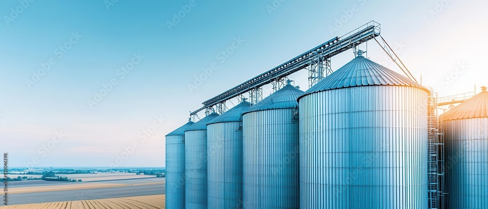 Panoramic view of large grain silos under a clear blue sky in a rural farmland setting, with sunlight illuminating the structures. Panoramic view of large grain silos under a clear blue sky in a rural farmland setting, with sunlight illuminating the structures.