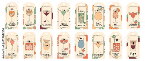 Retro groovy characters summer cocktails. Trendy psychedelic label or tag set with cute alcohol beverages and drinks. Vector illustration