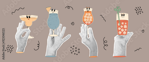 People halftone collage hands hold alcoholic cocktails and drinks. Funky characters in retro groovy style. Contemporary newspaper elements