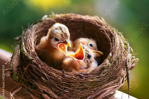 Geschlüpfte Vogelküken in einem Nest sind sehr hungrig photo