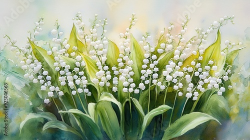 Delicate Lily of the Valley Border in Watercolor Style, Emanating Spring Freshness with White Bells Blooming