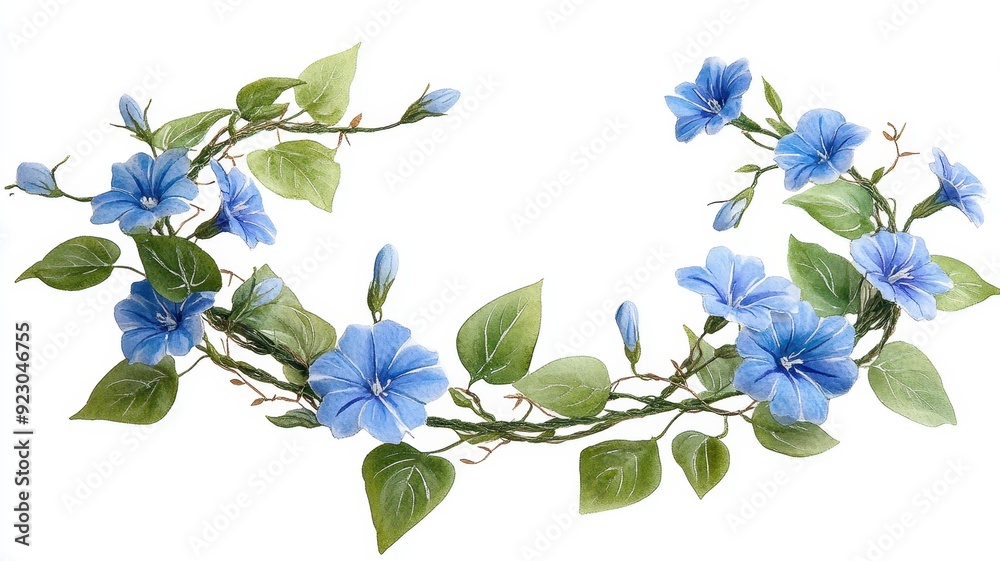 Delicate Morning Glory Wreath with Blue Blooms in Watercolor Style Delicate Morning Glory Wreath with Blue Blooms in Watercolor Style