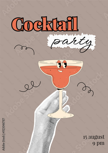 Person hand with halftone effect holds glass of cocktail in groovy style. Dotted poster in retro collage style. Invitation to cocktail party. Vertical vector banner