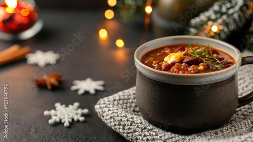 Fototapeta Naklejka Na Ścianę i Meble -  Beer mug with hot chili, winter comfort food theme