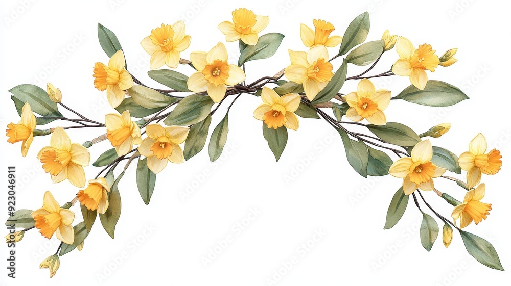 Golden Blooms of Spring: Daffodil Wreath Watercolor Illustration, Nature's Herald in Artistic Style Golden Blooms of Spring: Daffodil Wreath Watercolor Illustration, Nature's Herald in Artistic Style