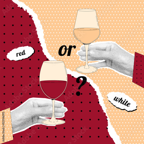 Womans hands with halftone effect holds glass of wine. Red or white wine. Dotted poster in retro collage style. Contemporary vector newspaper elements