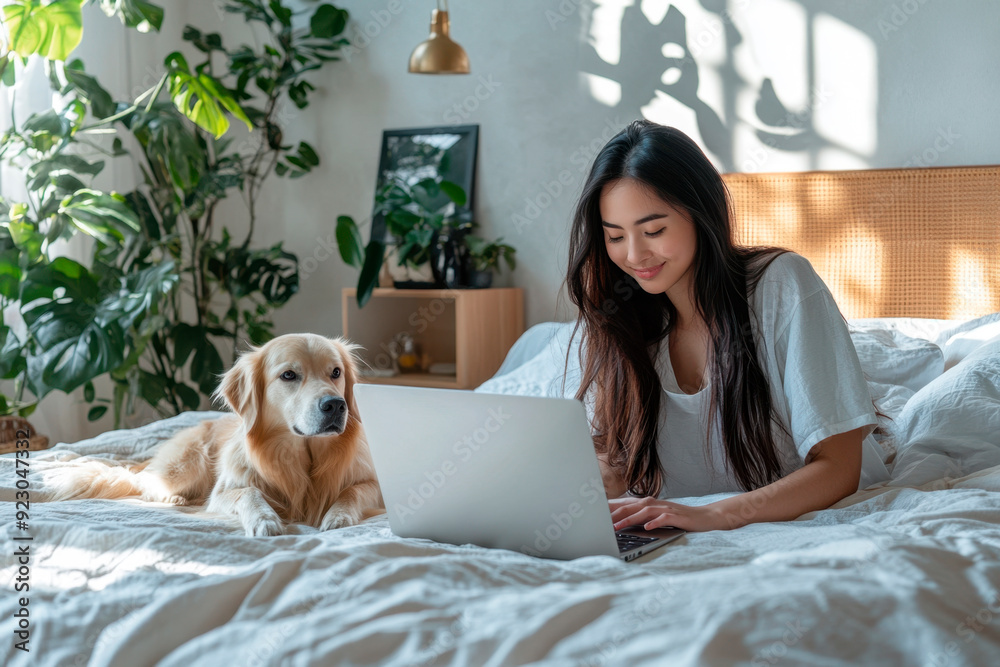 Beautiful woman using laptop and dog lying on bed at home Beautiful woman using laptop and dog lying on bed at home