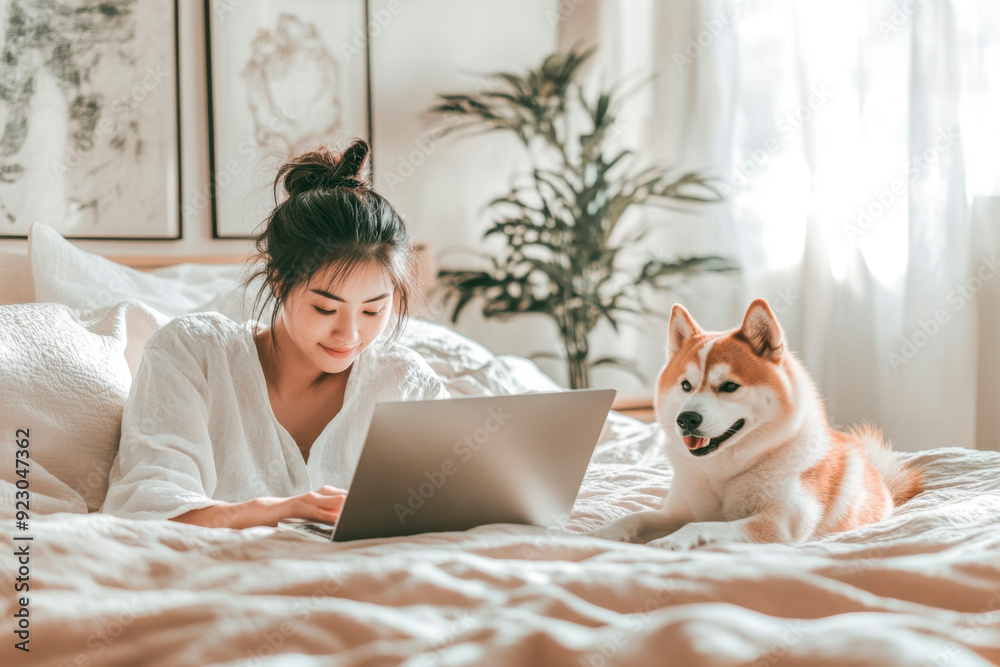 Beautiful woman using laptop and dog lying on bed at home Beautiful woman using laptop and dog lying on bed at home