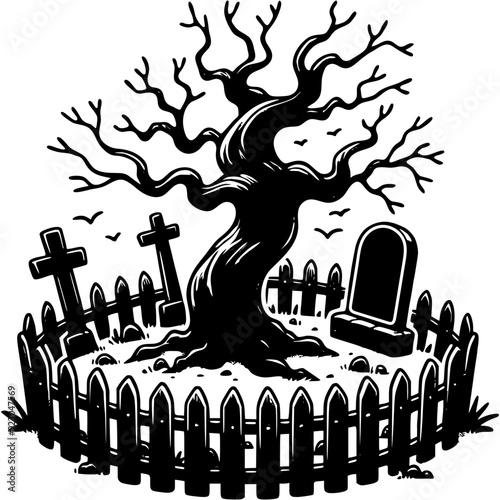 Section of an old abandoned cemetery enclosed by a fence in monochrome. Simple minimalistic vector in black ink drawing on transparent background