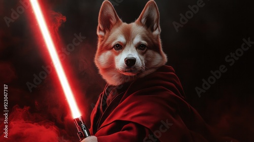 Dog with red light saber, illustration with a dog in cloak costume photo