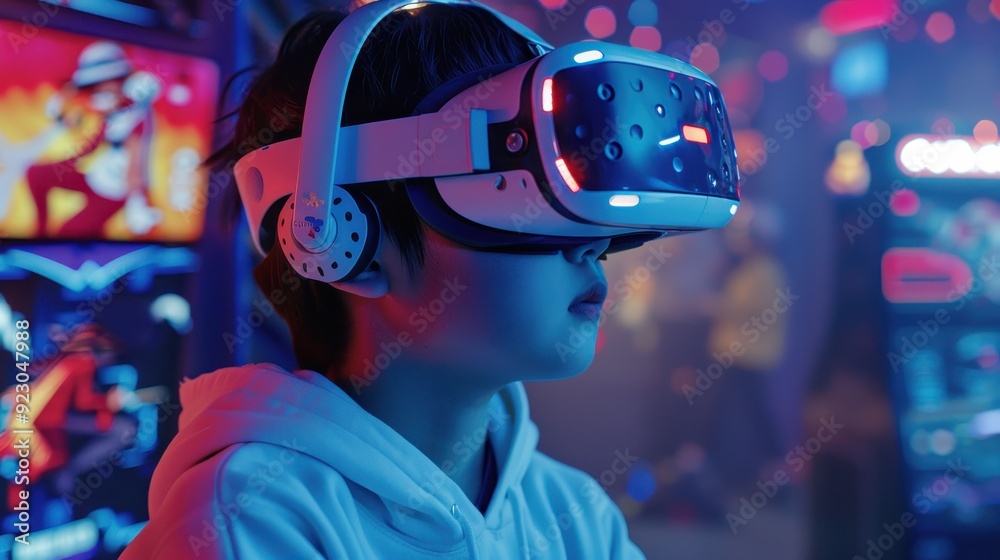 A child explores a virtual reality world while wearing a headset in a colorful arcade