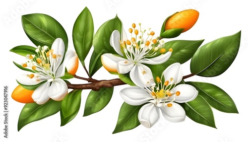 Orange tree branch with white flowers, buds and leaves isolated on white. Neroli blossom. Citrus bloom