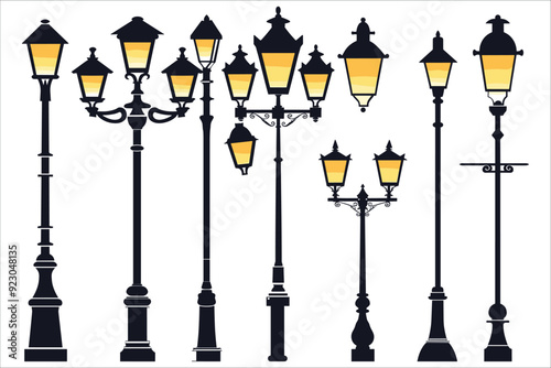 Set of street old lamps silhouettes, lamp post light silhouette set, Vector black silhouettes of streetlight, Set of street lamp silhouette vector, Street lamp silhouette icon