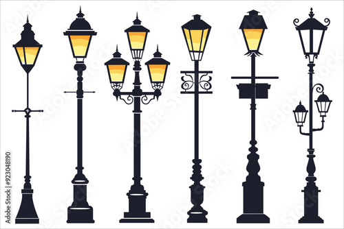Set of street old lamps silhouettes, lamp post light silhouette set, Vector black silhouettes of streetlight, Set of street lamp silhouette vector, Street lamp silhouette icon