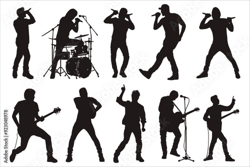 Set of black singer silhouettes, Set of black musicians silhouettes, Musicians vector silhouette set, Singer silhouette vector, Singers silhouette collection