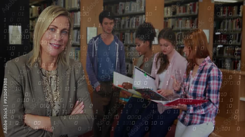 Binary code animation overlaying diverse students studying in school library Binary code animation overlaying diverse students studying in school library