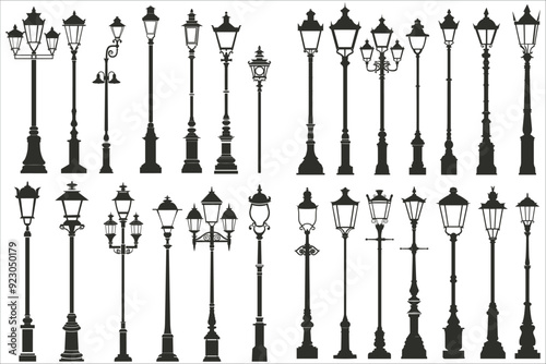 Set of street lamp silhouette vector, Set of street old lamps silhouettes, lamp post light silhouette set, Street lamp silhouette icon, Collection of street lamp silhouette