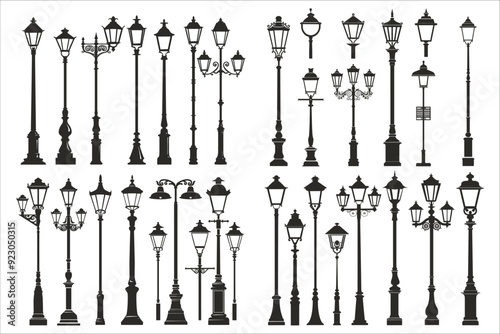 Set of street lamp silhouette vector, Set of street old lamps silhouettes, lamp post light silhouette set, Street lamp silhouette icon, Collection of street lamp silhouette
