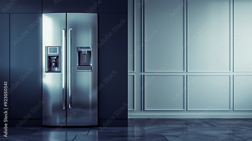 Dark blue background with an ice and water dispenser on a side by side fridge