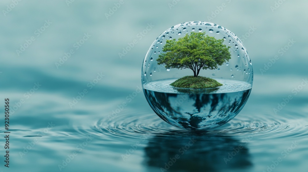 A drop of water, the bottom is crystal clear and transparent, inside there is an island covered in trees, the raindrops on it form ripples that reflect light, the background color has no reflections A drop of water, the bottom is crystal clear and transparent, inside there is an island covered in trees, the raindrops on it form ripples that reflect light, the background color has no reflections
