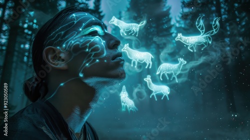 A young man stands in a mystical forest, gazing upward as ethereal animal spirits surround him
