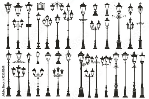 Set of street lamp silhouette vector, Set of street old lamps silhouettes, lamp post light silhouette set, Street lamp silhouette icon, Collection of street lamp silhouette