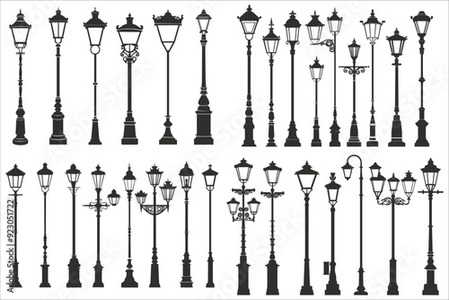 Set of street old lamps silhouettes, lamp post light silhouette set, Vector black silhouettes of streetlight, Set of street lamp silhouette vector, Street lamp silhouette icon