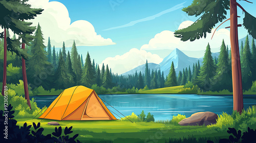 Vector illustration, camping shed by a creek deep in the woods photo