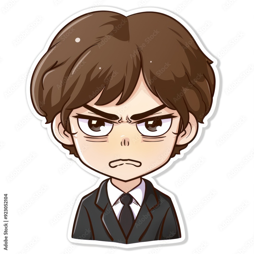 A stylized cartoon character with a serious expression, wearing a suit. A stylized cartoon character with a serious expression, wearing a suit.