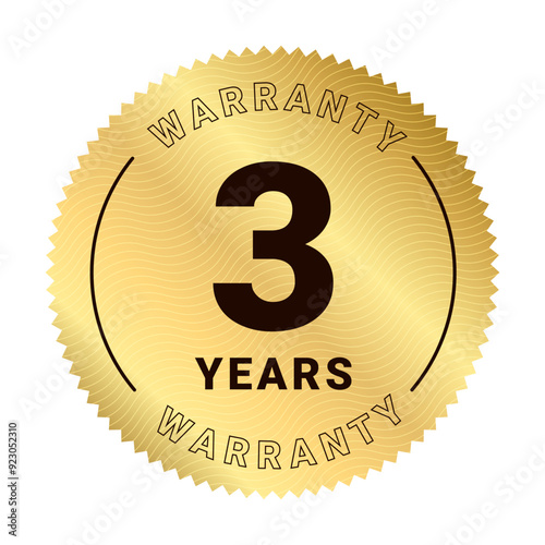 3 years warranty labels. Three Years warranty Sticker label in golden color. Warranty card stamp or banner for service provider. Gold Stars and  text label, tag or stamp Premium Quality warranty badge
