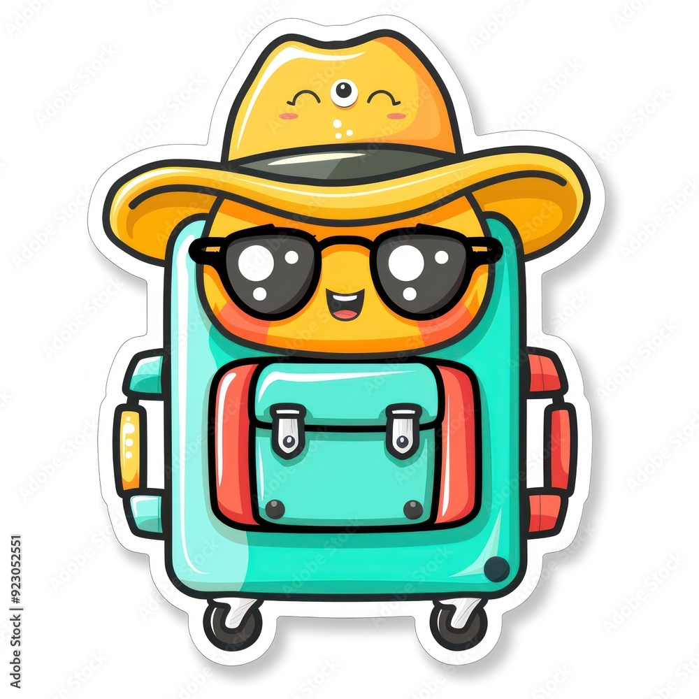 Obraz premium A cheerful cartoon suitcase wearing sunglasses and a hat, ready for travel adventures.