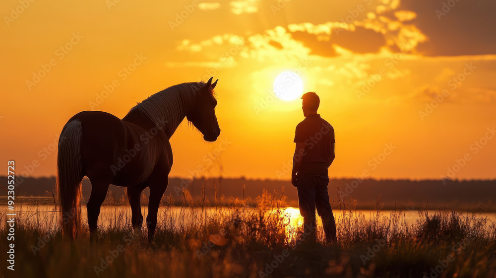 A man standing beside his horse at sunset, both looking towards the horizon, illustrating their strong bond and companionship. A man standing beside his horse at sunset, both looking towards the horizon, illustrating their strong bond and companionship.