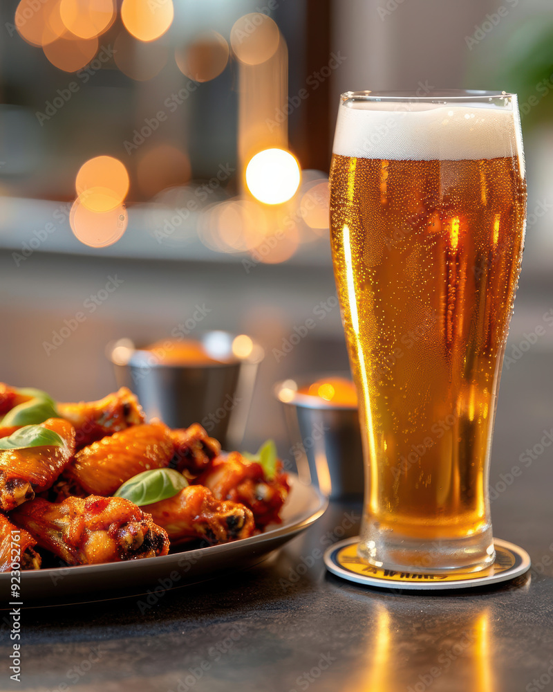 Wings and Beer Beer and wings on a table, casual dining setting Wings and Beer Beer and wings on a table, casual dining setting