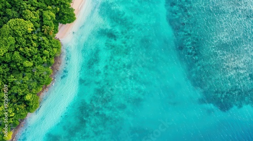 Aerial view of serene tropical beach with crystal clear water and lush greenery, perfect for travel or nature projects.