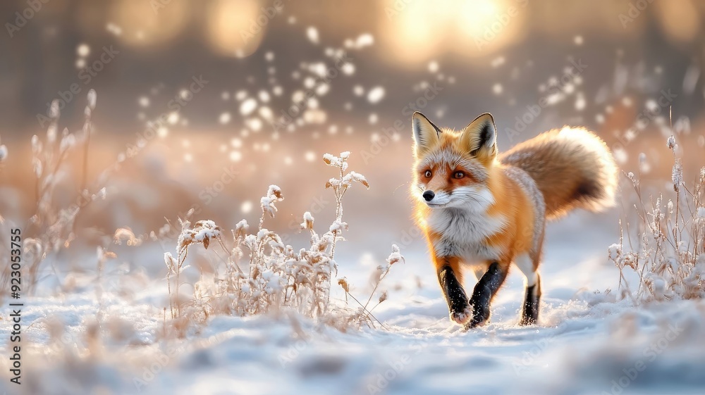 Fototapeta premium A fox darting and twirling through a snowy meadow, creating a lively dance pattern in the winter landscape.