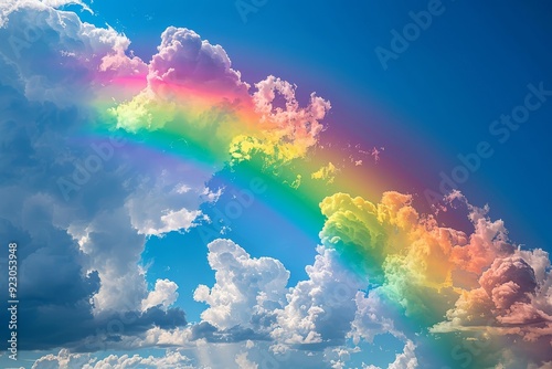 Vibrant rainbow arching across a clear blue sky with soft white clouds in the background, creating a striking and colorful scene.