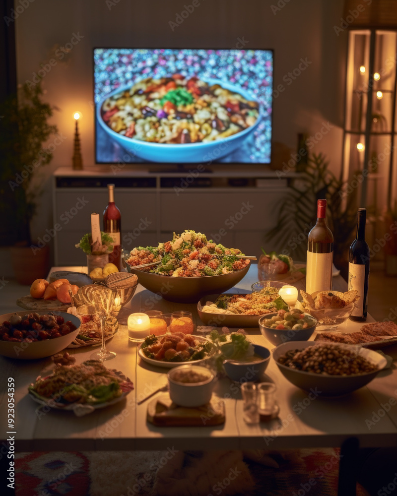 Fototapeta premium Ramadan Dining Table with Foods, Lights, and TV on Wall