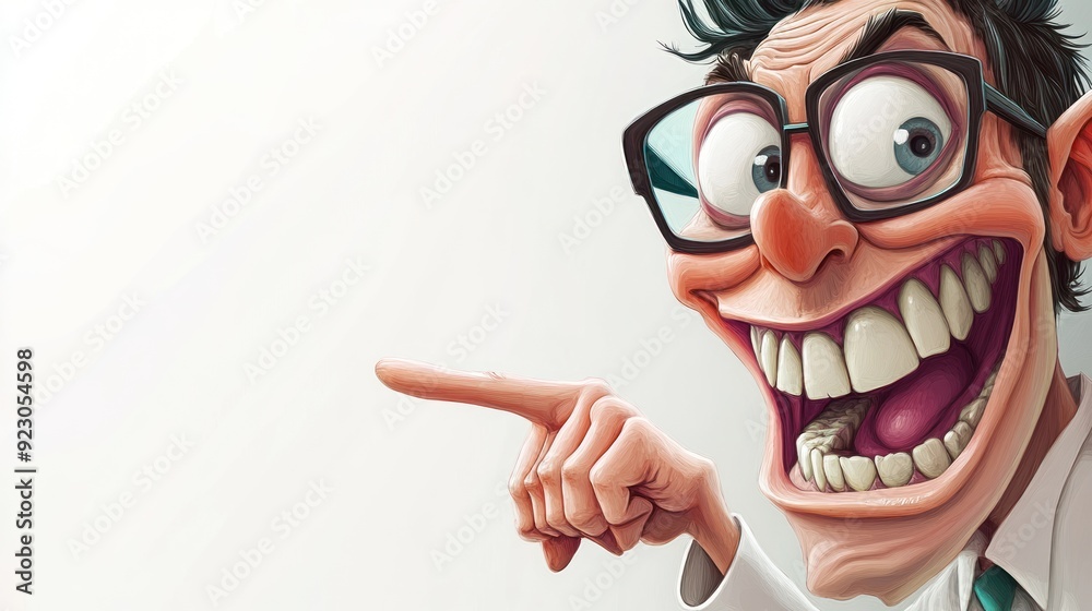 A cheerful cartoon character with glasses pointing excitedly.