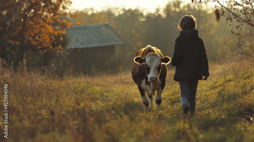 A person leading a cow through a field, with the cow following willingly and affectionately. photo