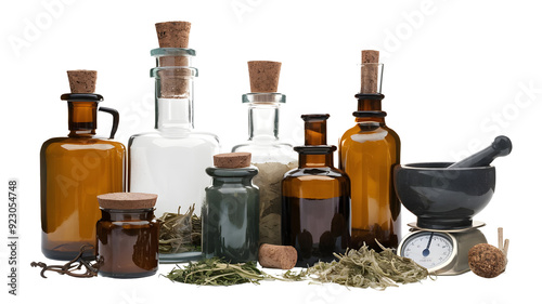 Apothecary Essentials: Glass Bottles, Mortar and Pestle, Dried Herbs, Vintage Scale on Isolated Background photo