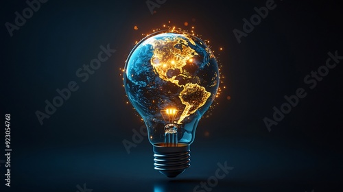 A light bulb with a globe inside, symbolizing the global impact of ideas on growth, with the globe finely detailed and rotating, showing how ideas can change the world.