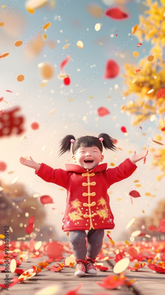Fototapeta premium A joyful child in a festive setting, surrounded by colorful petals and autumn scenery.