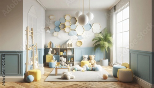 3d playing room in soft color with realistic style among toys and bookshelf for children. suitable for building image and architecture interior.