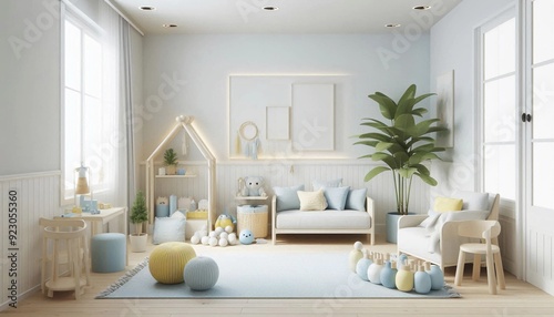 3d playing room in soft color with realistic style among toys and bookshelf for children. suitable for building image and architecture interior.